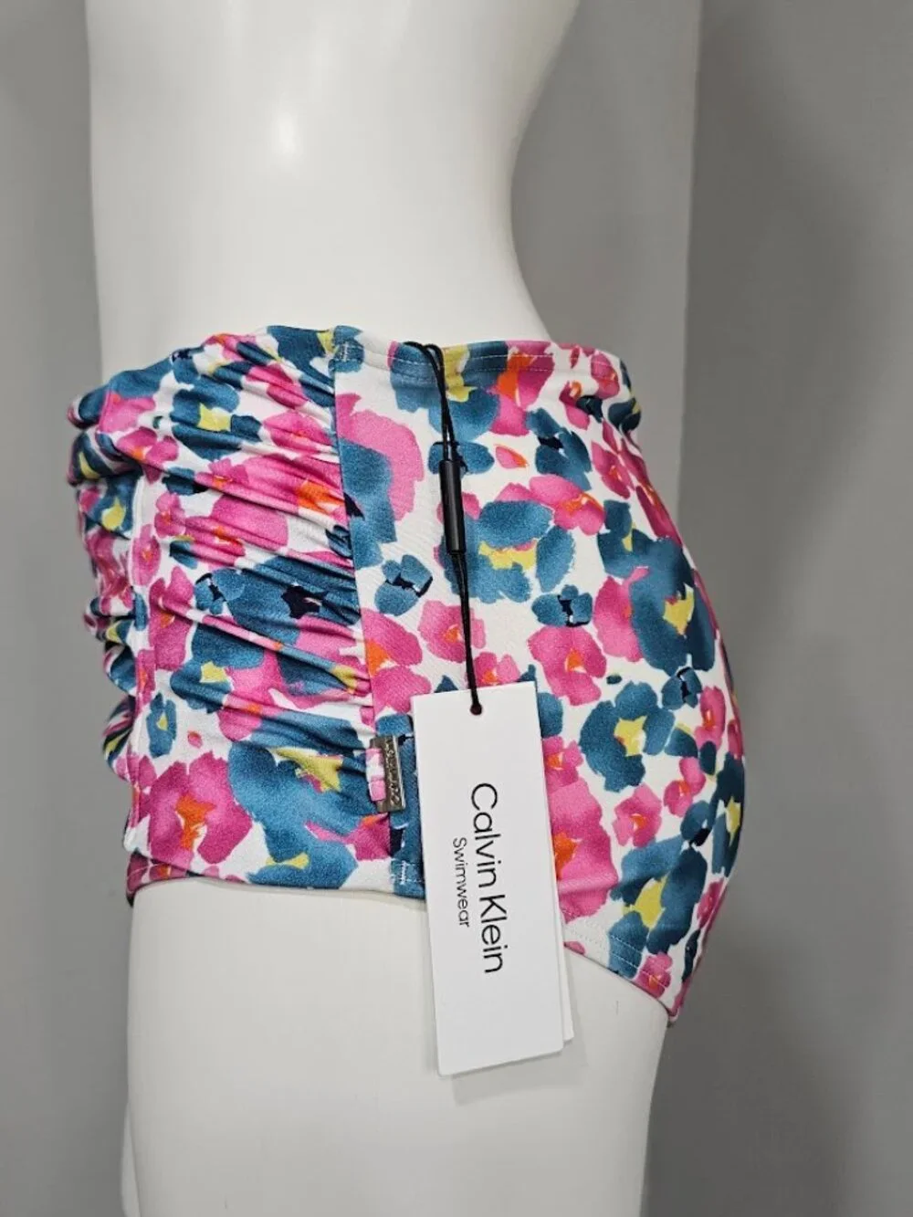 Calvin Klein Floral-Print Pleated High-Waist Swim Bottoms